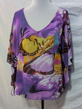 Sunny Taylor Purple Butterfly-Print V-Neck Blouse with Yellow Accents